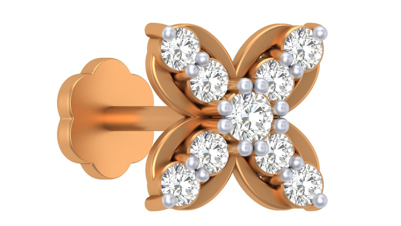 yellow gold and diamond stud nose pin with diamond-like stones on a white background
