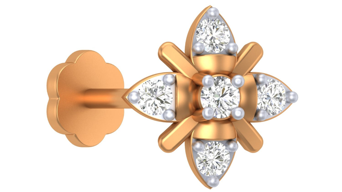 yellow gold and diamond stud nose pin on a white background