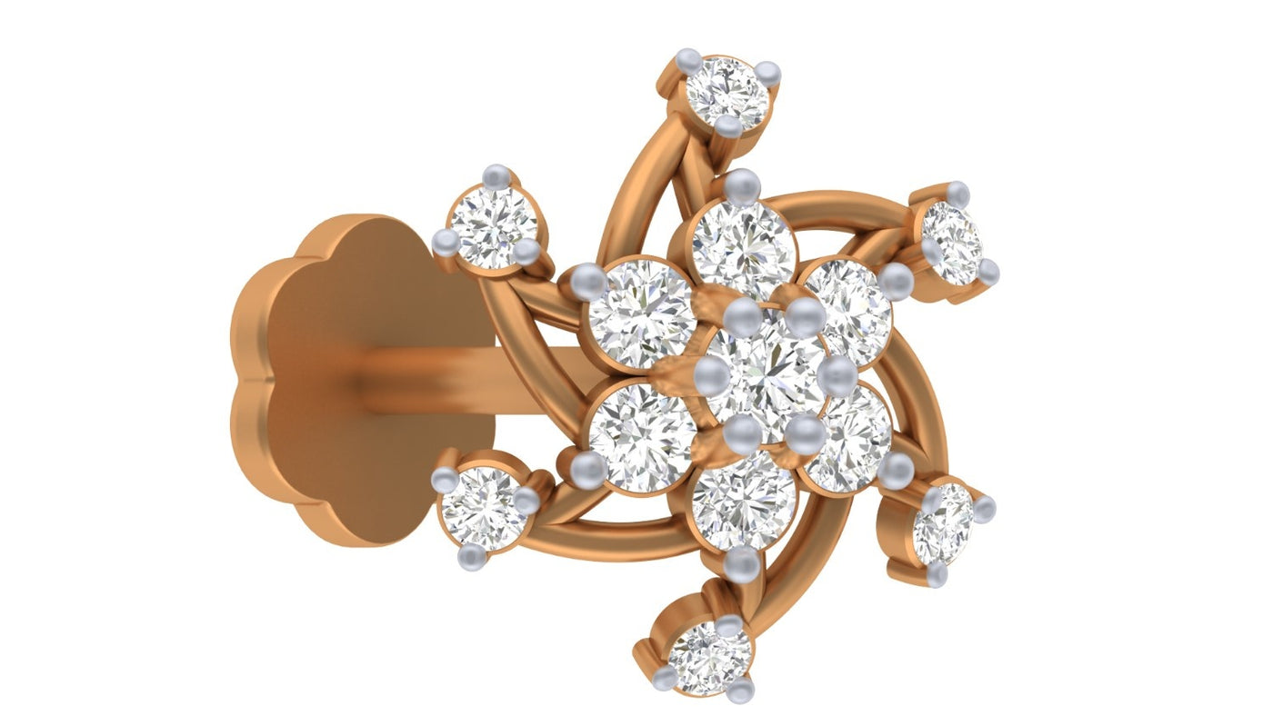 yellow gold and diamond stud nose pin with small diamonds on a white background