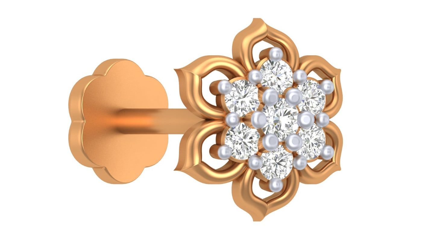 A single floral stud in yellow gold and diamond stud nose pin featuring a cluster of clear round-cut stones and small white pearls at the center, with a matching gold flower-shaped backing on a plain white background.