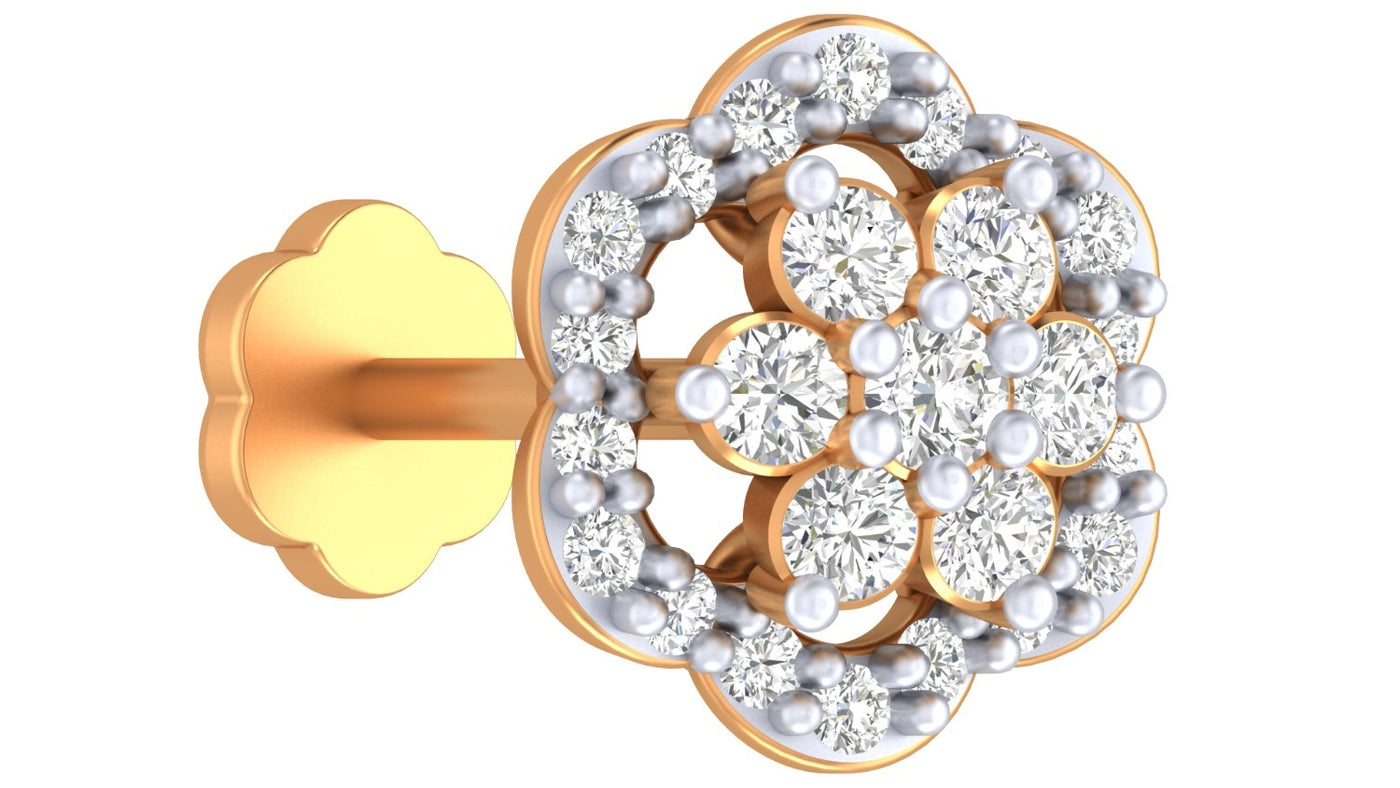 yellow gold and diamond stud nose pin on a white background