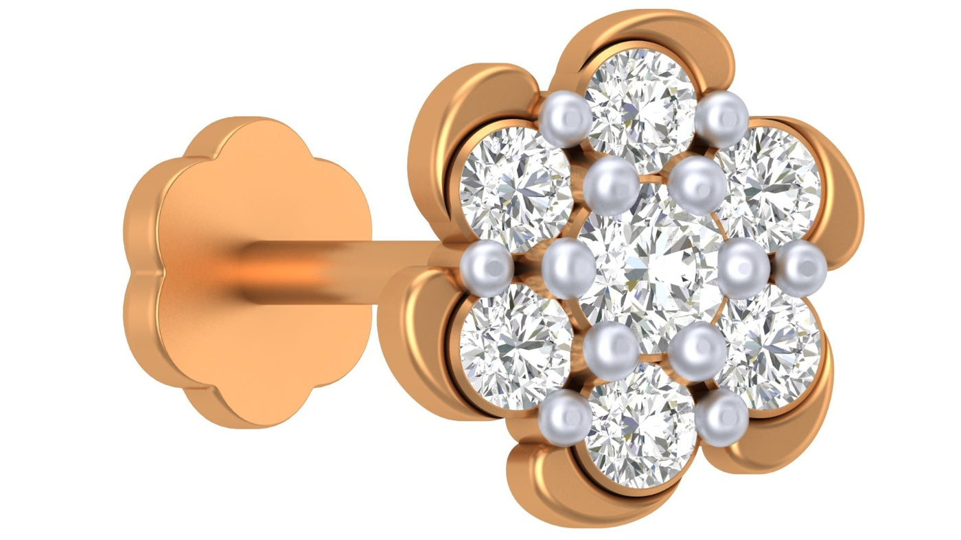 yelllow gold and diamond stud nose pin with diamonds on a white background