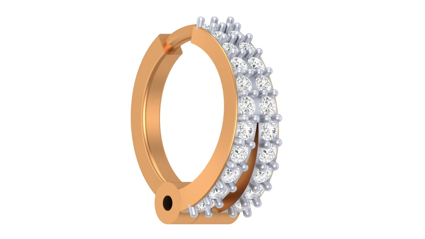 yellow gold and diamond nose pin with a double row of round-cut clear gemstones, shown on a plain white background.