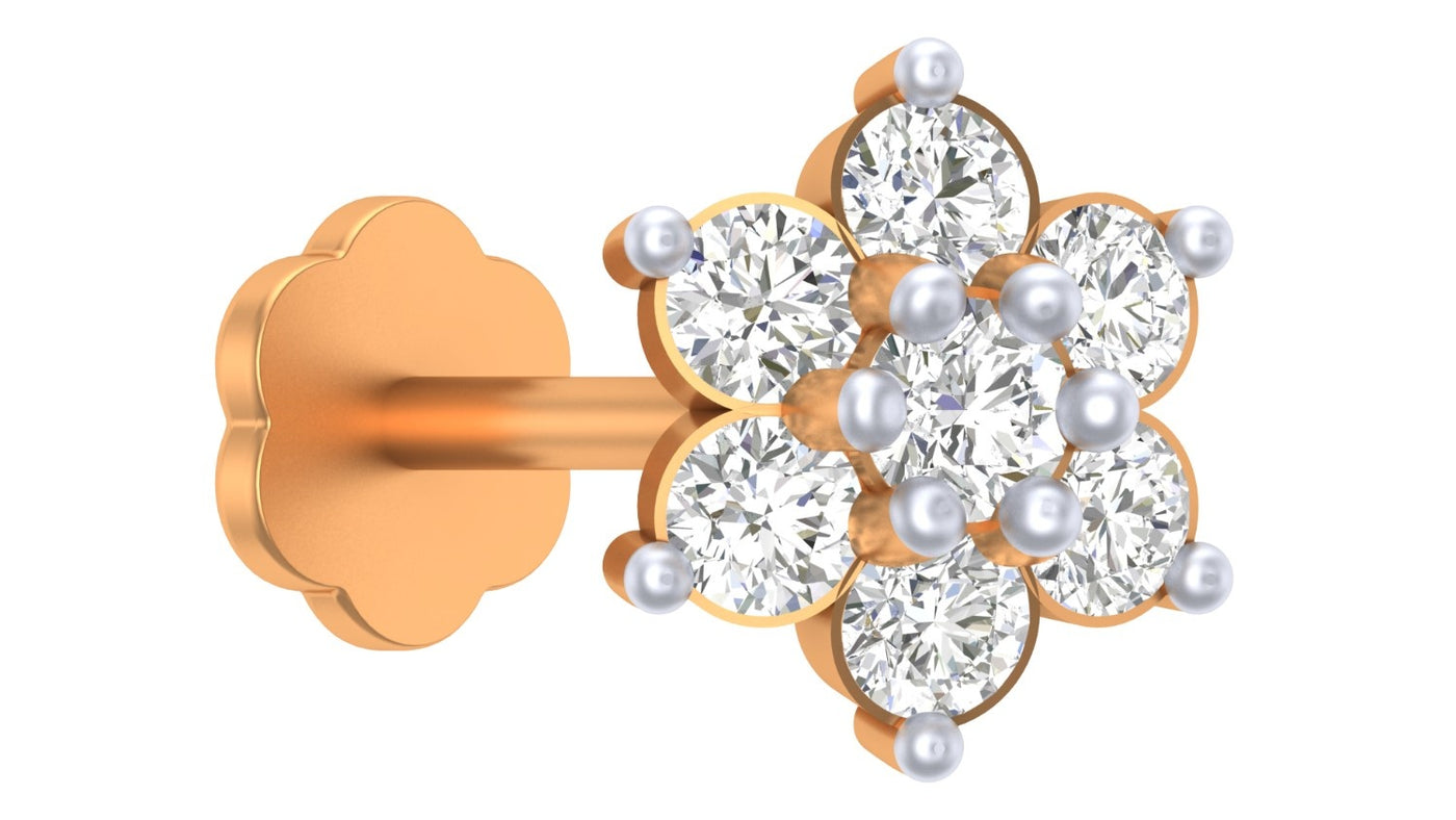 yellow gold and diamond stud nose pin with floral design on a white background