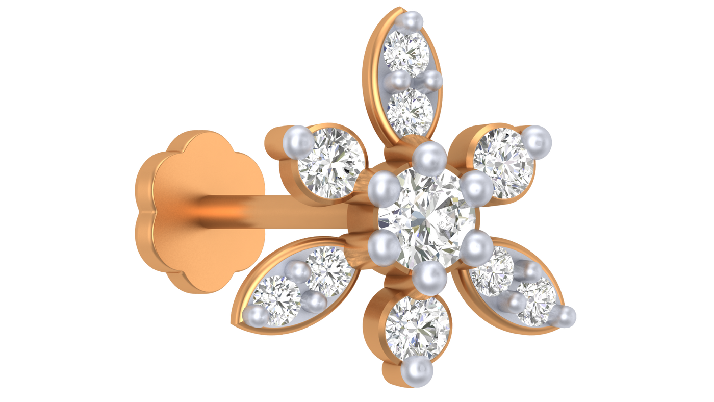 Yellow gold and diamond stud nose pin with floral design and clear gemstones on a white background