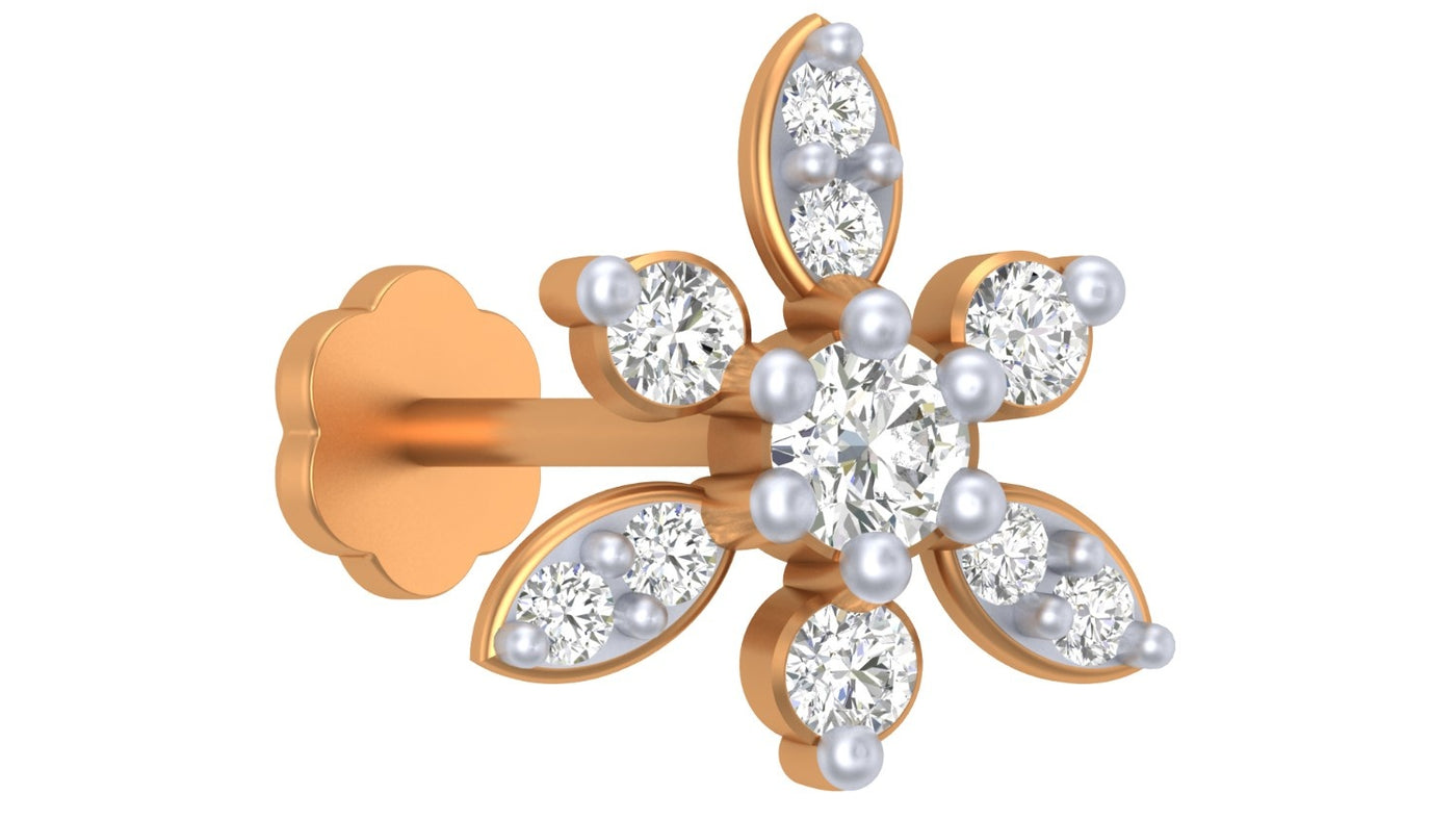 Yellow gold and diamond stud nose pin on a white background