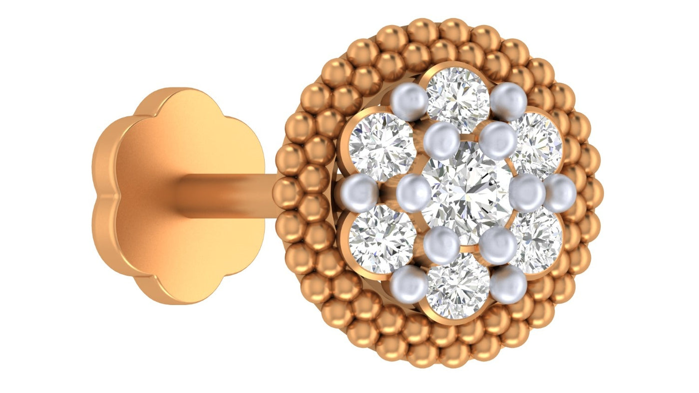 Elegant round Yellow gold and diamond nose pin with floral cluster and beaded border.