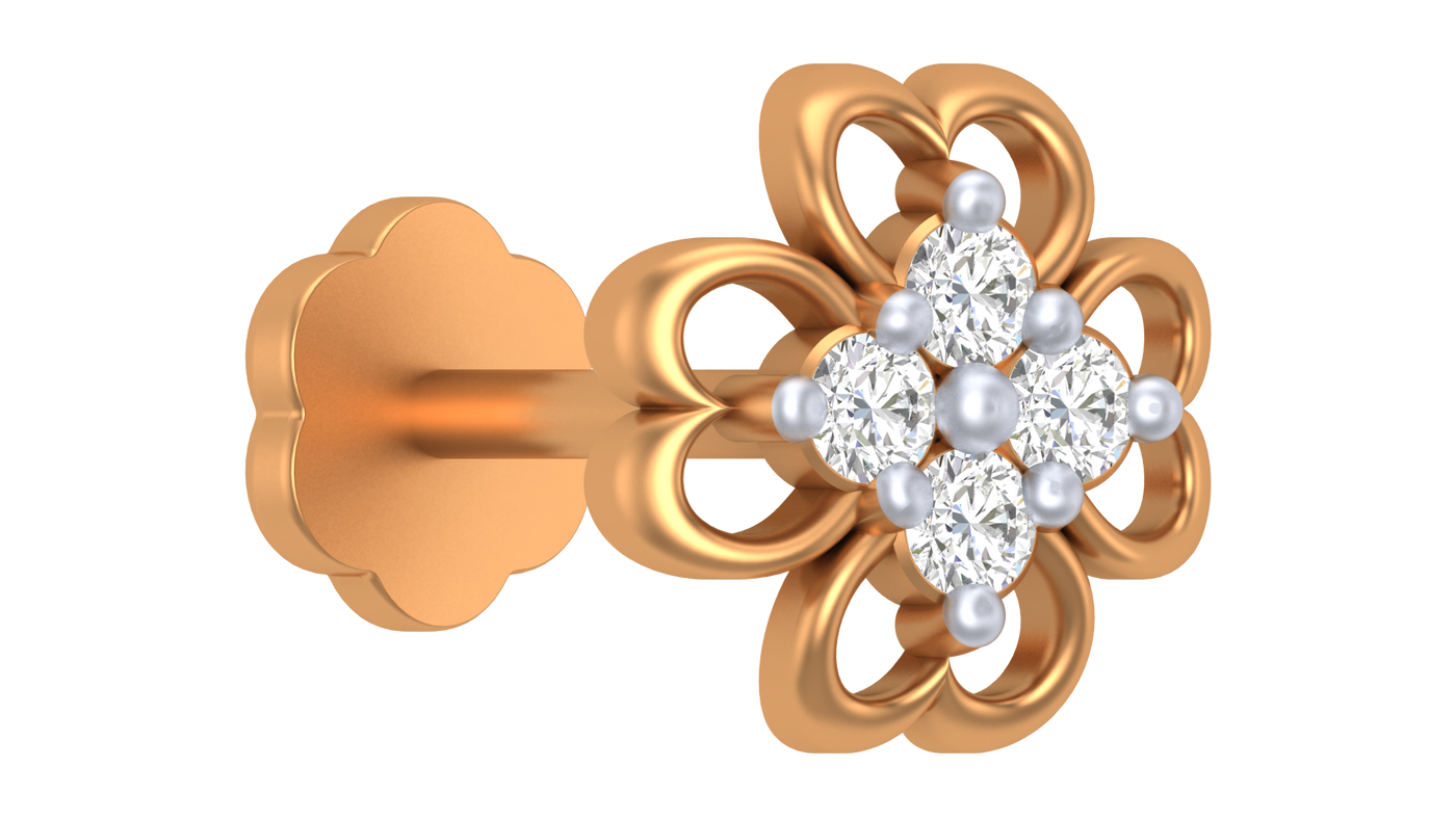 Yellow gold and diamond stud nose pin with clear gemstones on a white background