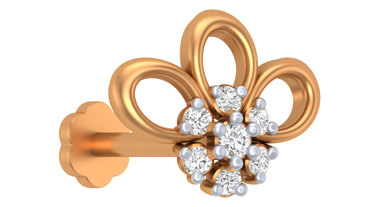 Yellow gold and diamond stud nose pin with embedded diamonds on a white background