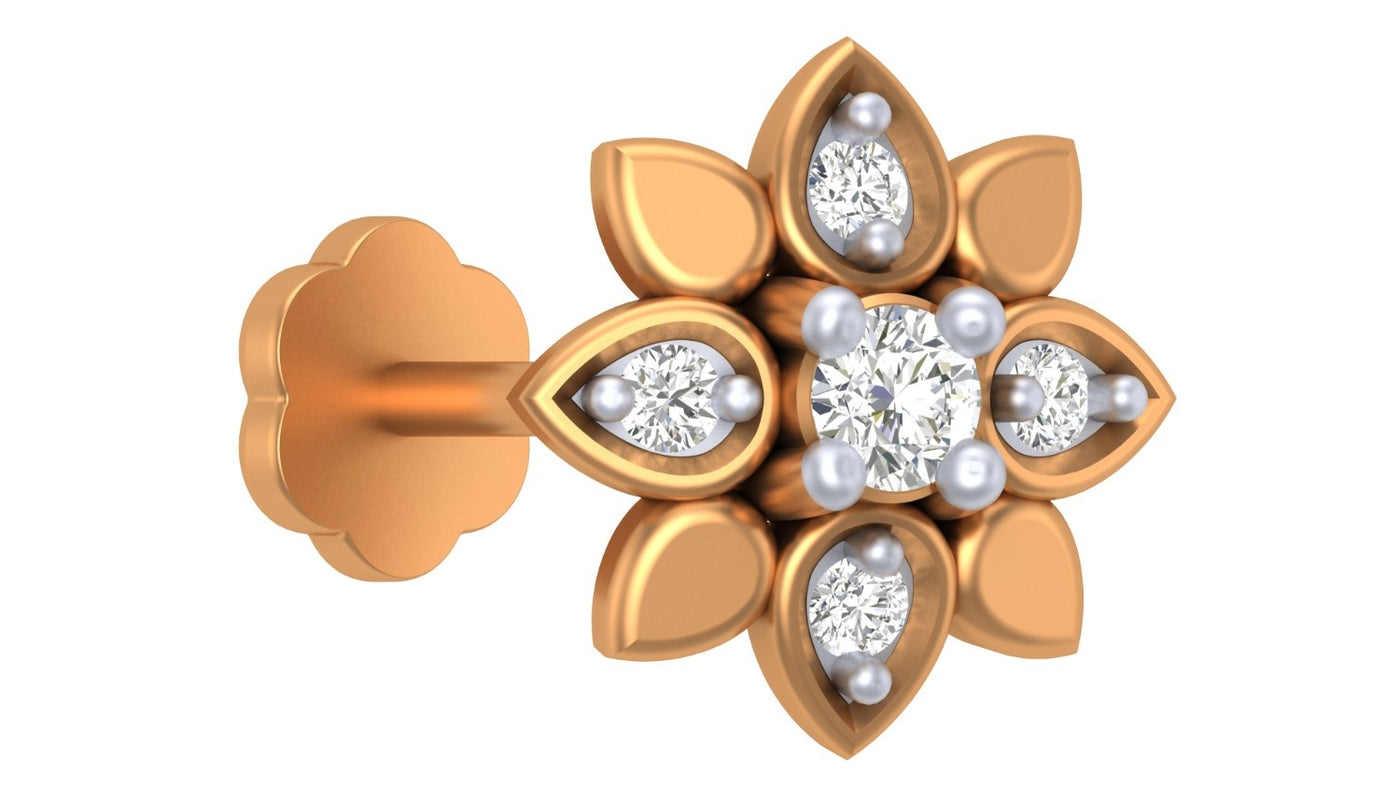 yellow gold and diamond stud nose pin with diamonds on a white background