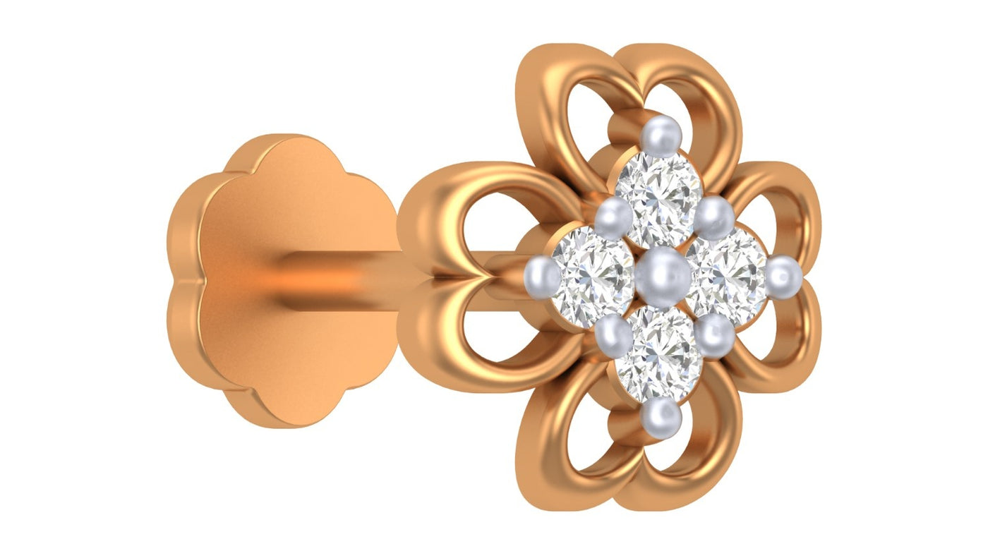 yellow gold and diamond stud nose pin with clear gemstones on a white background