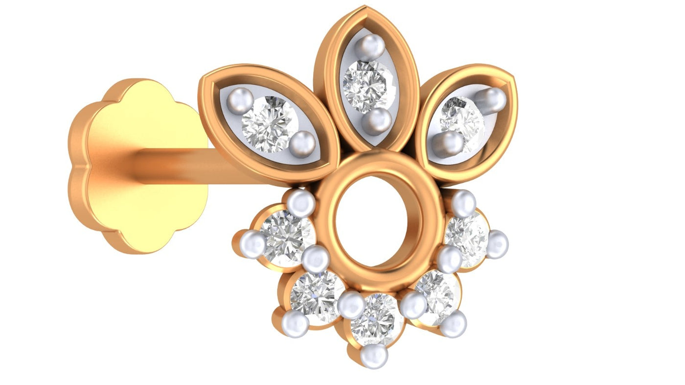 Yellow  gold floral nose pin with marquise petals, diamond accents, and open center circle.
