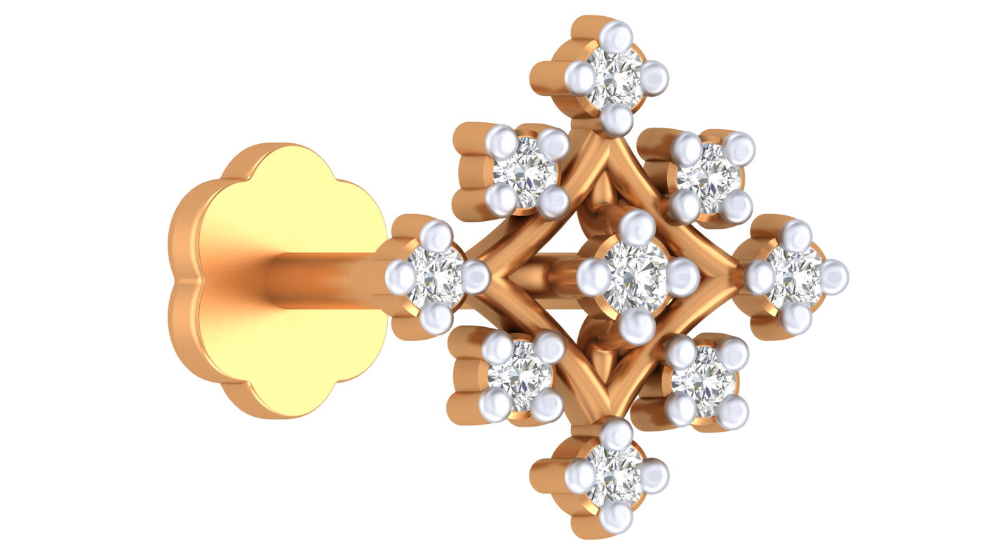Yellow Gold and diamond stud nose pin flowers on a white background