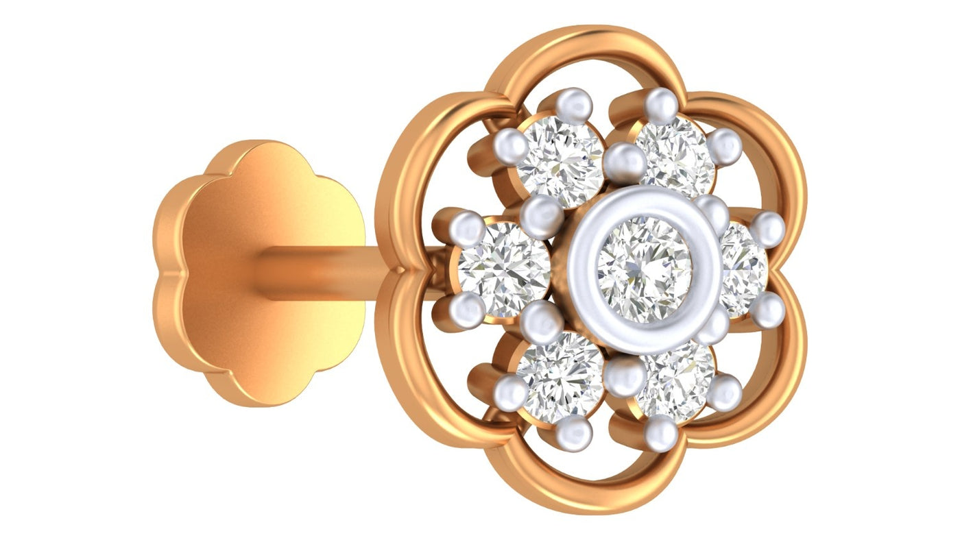 A Yellow gold and diamond stud nose pin and  flower-shaped stud with a central round diamond, surrounded by smaller diamonds and white pearl-like accents, on a plain white background.