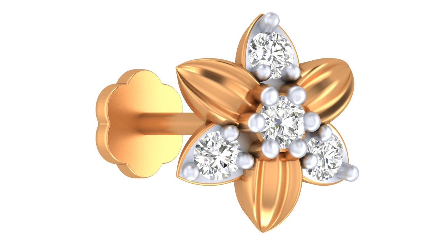 Yellow Gold and diamond stud nose pin accents on a white background