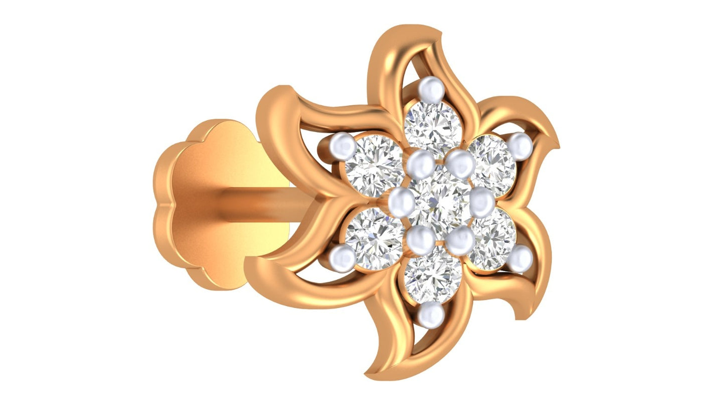 Yellow Gold and diamond stud nose pin flowers on a white background
