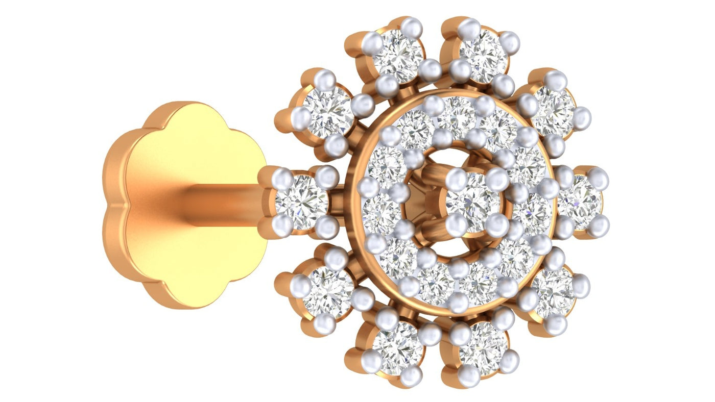 Yellow gold and diamond stud nose pin with clear gemstones on a white background