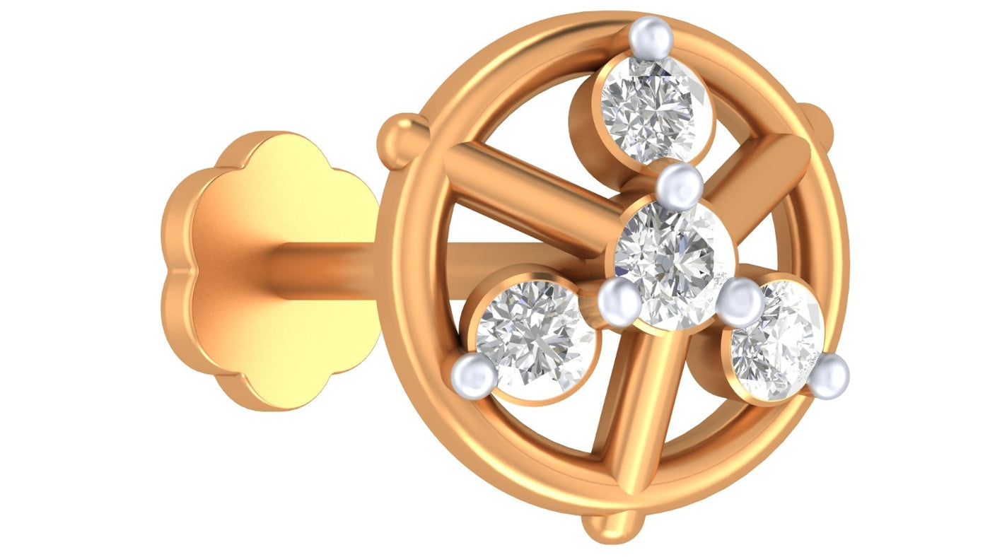 Ayellow gold and diamond stud nose pin featuring a circular wheel-like design with five clear round-cut gemstones and three small white pearl accents, shown on a plain white background.