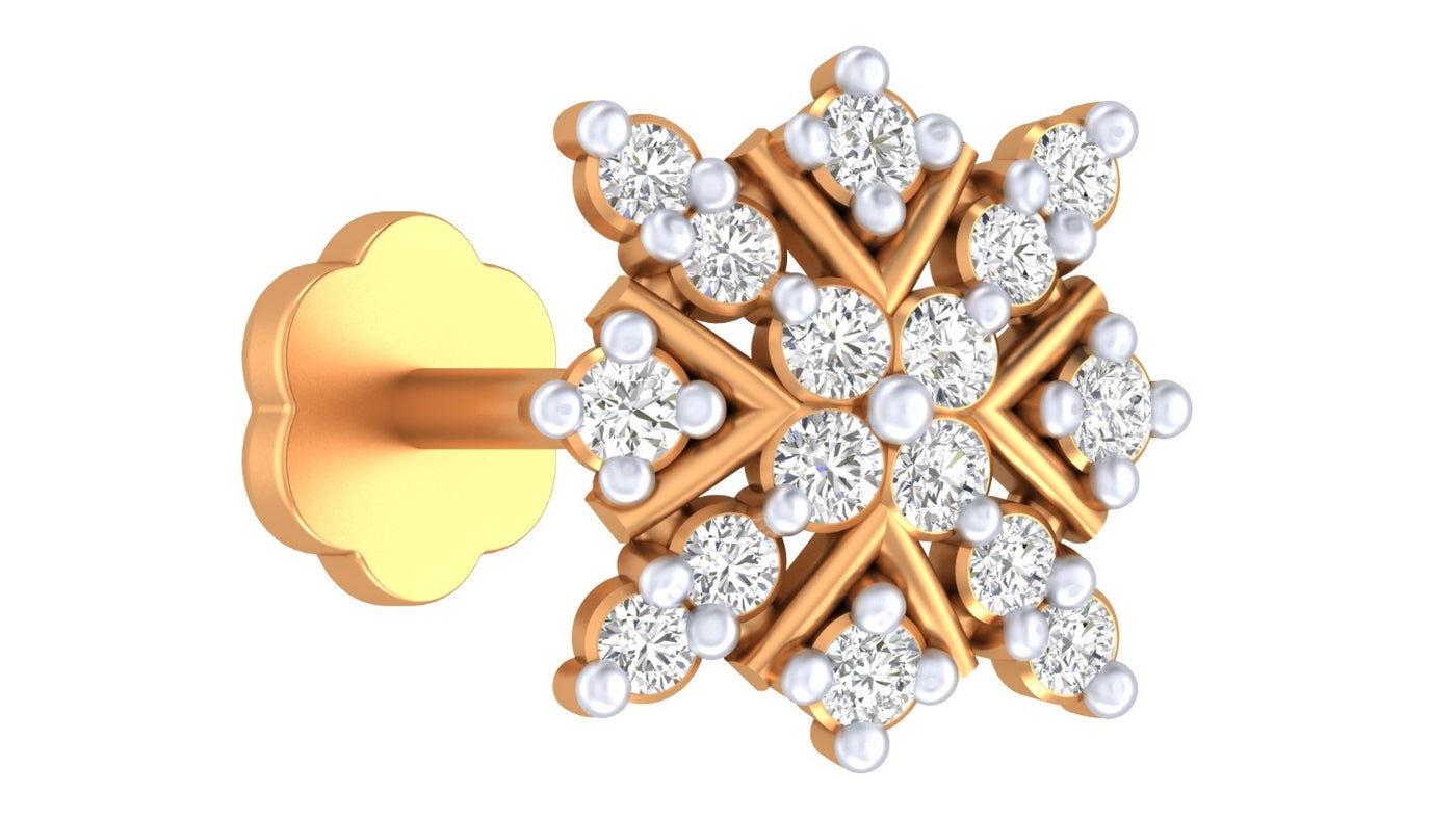 Yellow Gold and diamond stud nose pin snowflake design on a white background