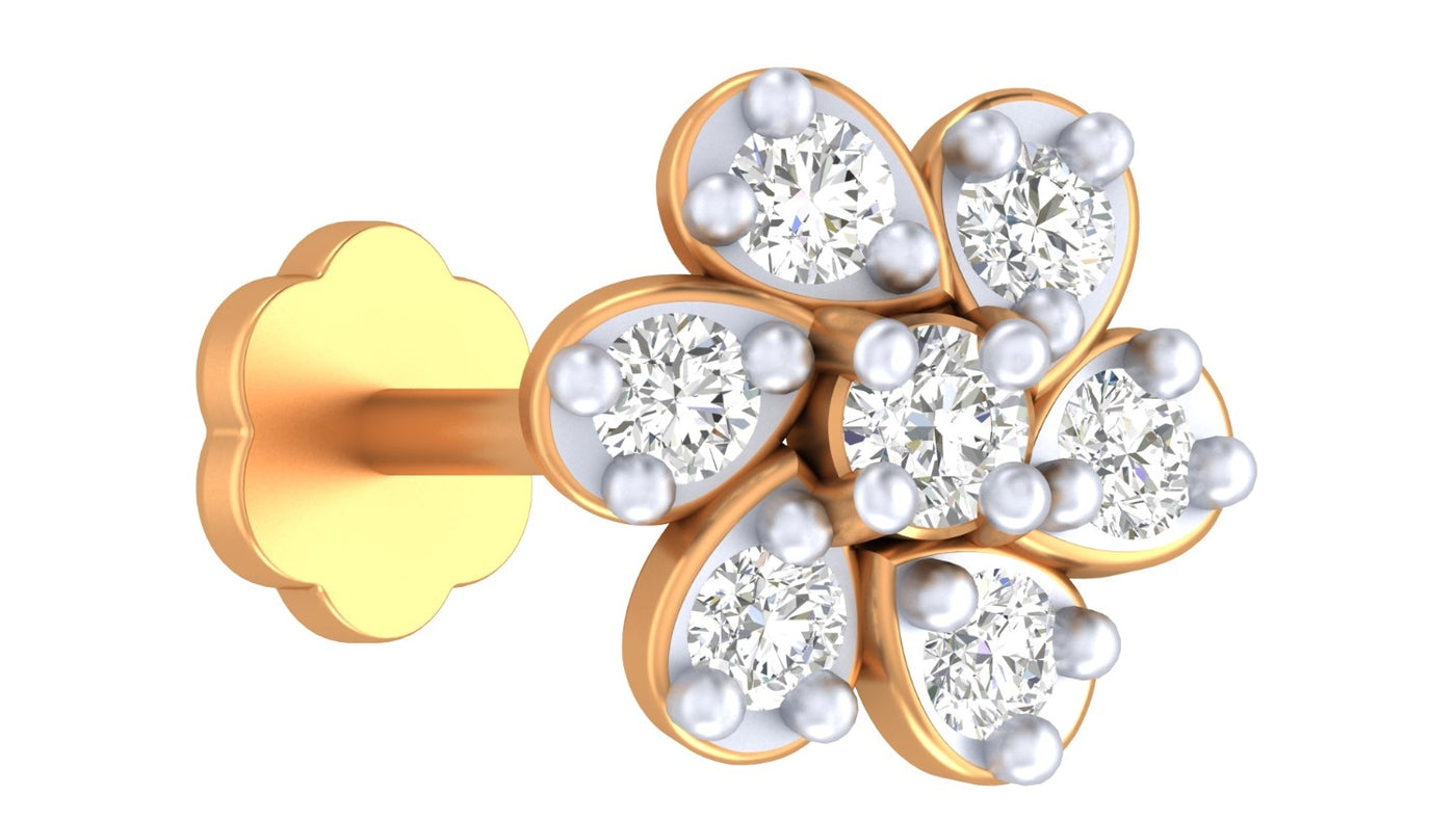 Yellow Gold and diamond stud nosepin flower-shaped earring on a white background