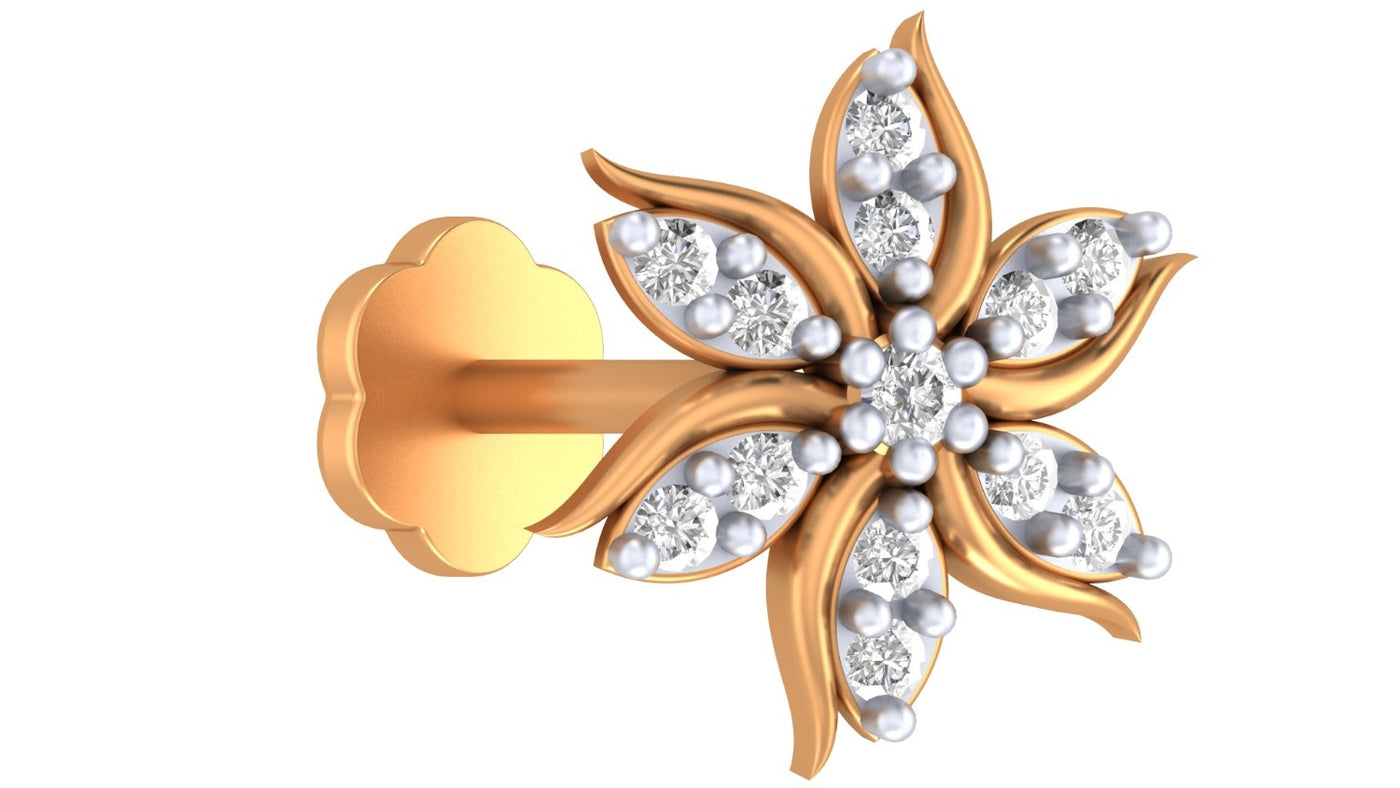 Elegant floral yellow gold and diamond nose pin featuring sparkling diamonds in a graceful leaf design.