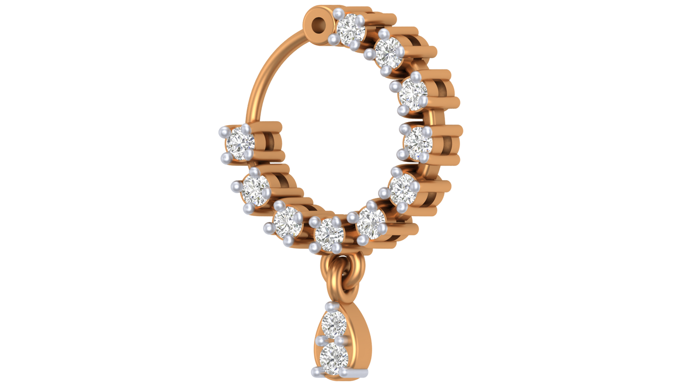 Yellow Gold and diamond nose ring with diamonds on a white background