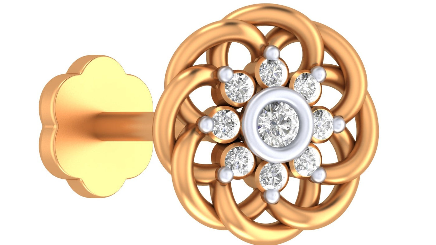 Elegant floral yellow gold and diamond nose pin featuring sparkling diamonds in an intricate circular design.