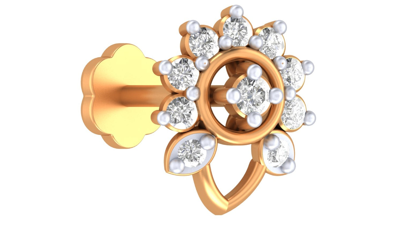 yellow gold and diamond floral nose pin featuring sparkling diamonds in a delicate design.