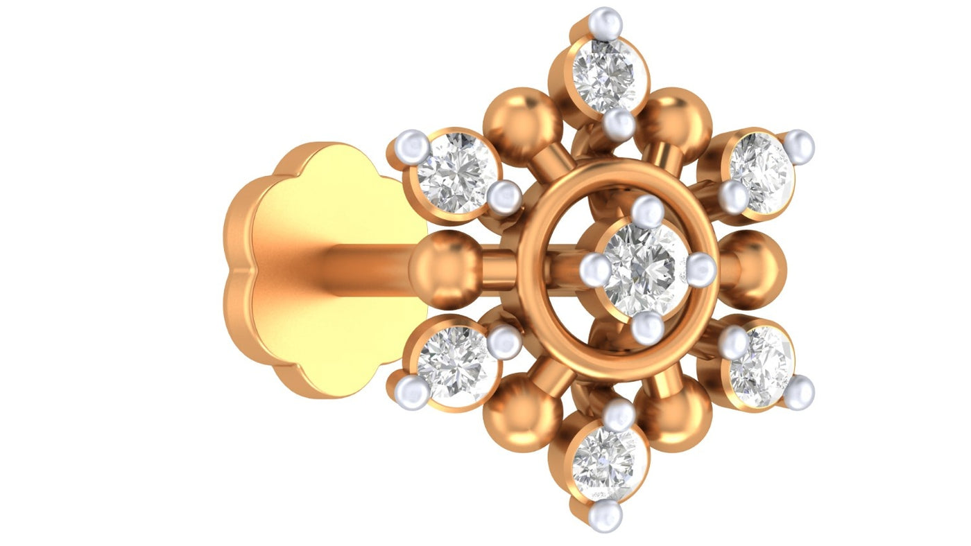Yellow Gold and diamond stud nose pin-like stones on a white background