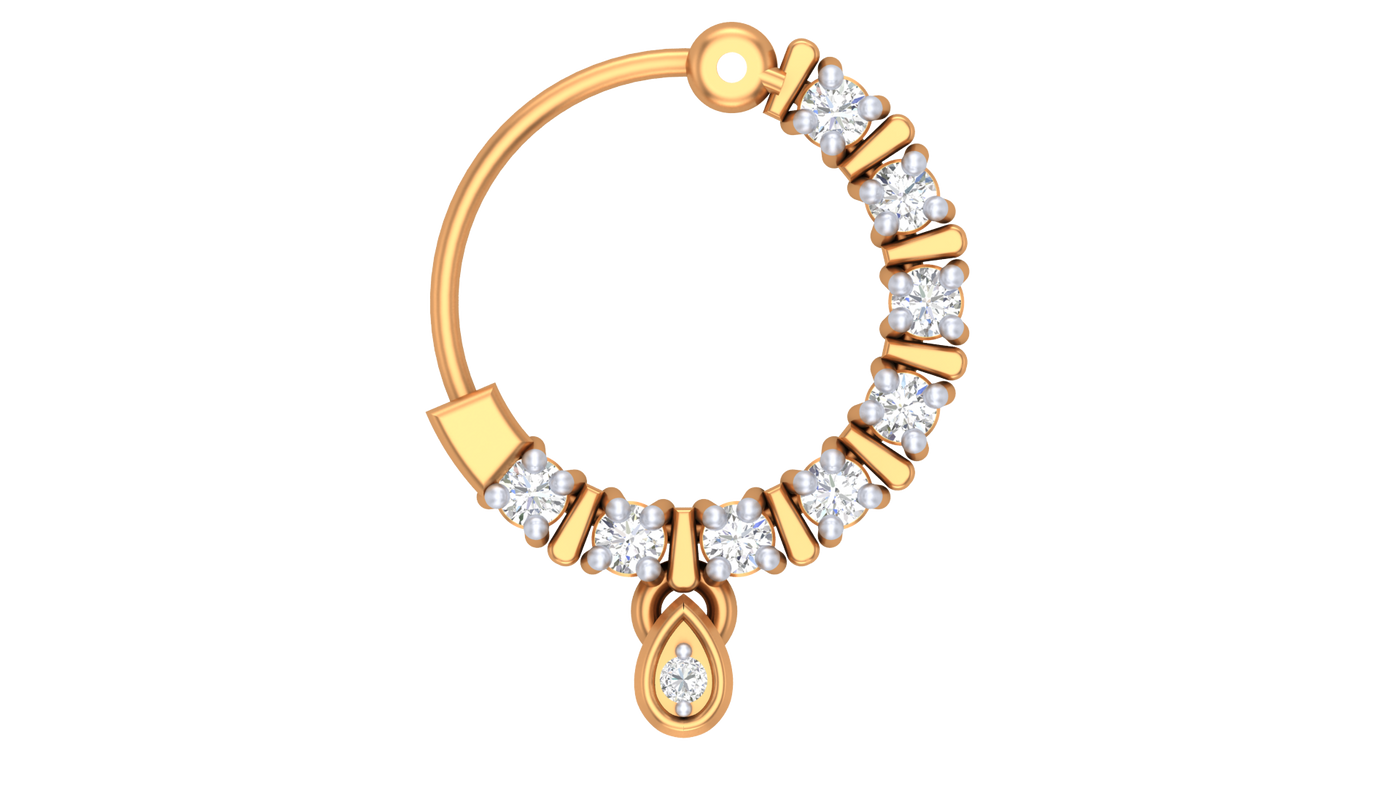 Yellow Gold and diamond nose ring with clear gemstones on a white background