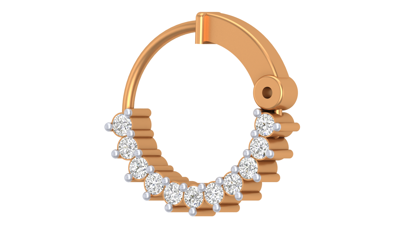 Yellow gold and diamond nose ring accents on a white background