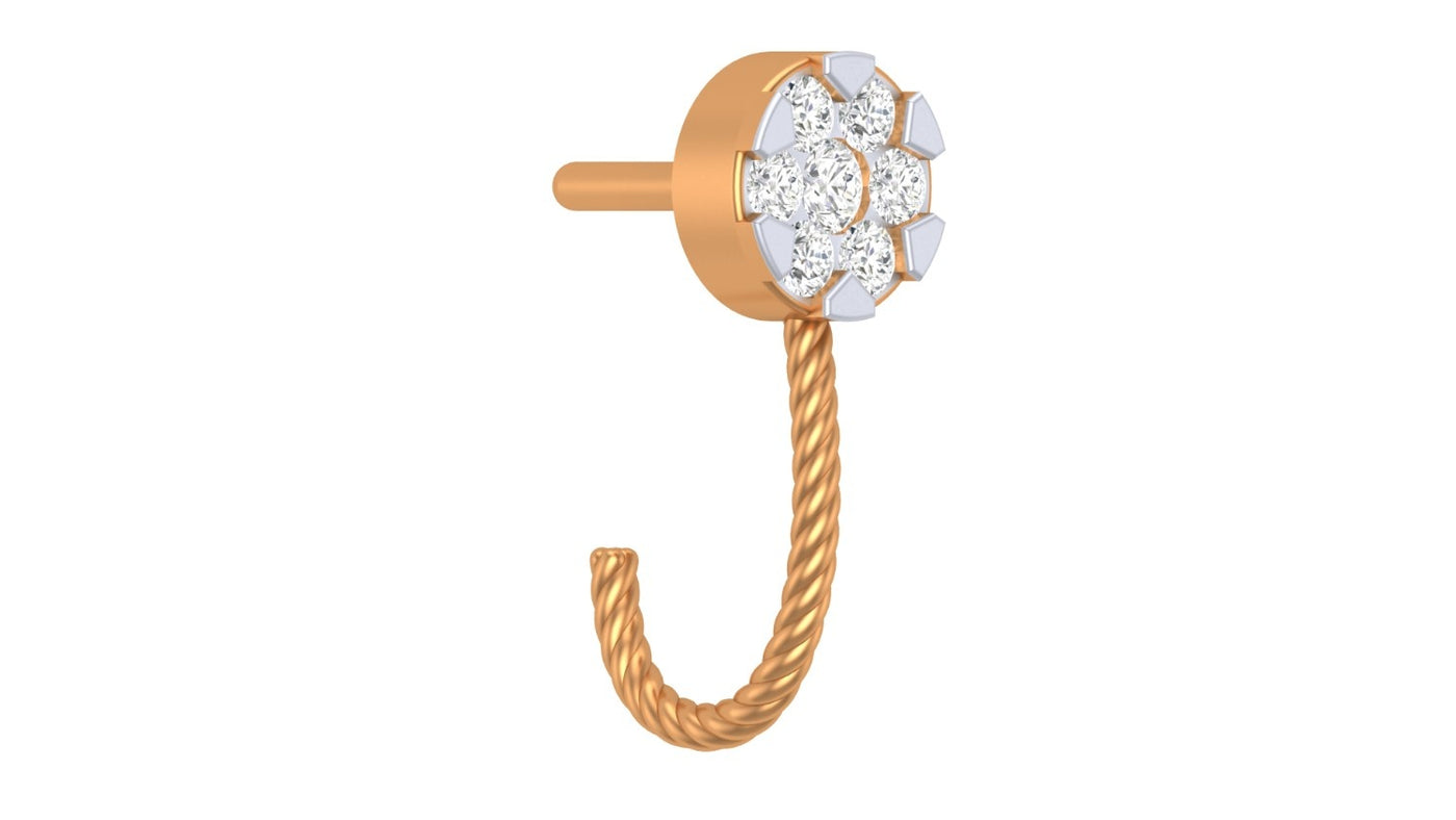 yellow gold and diamond nose ring on a teal white background
