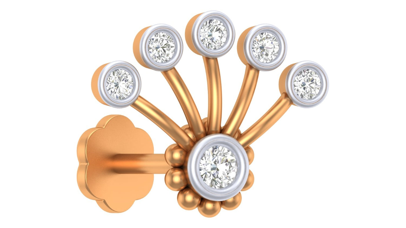 yellow gold and stud nose pin with multiple small diamonds on a white background