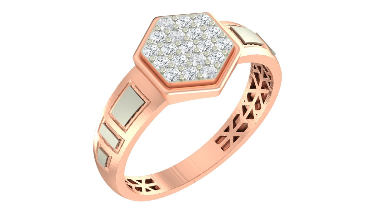 A rose gold ring with a hexagonal pavé diamond setting, shown on a plain white background.