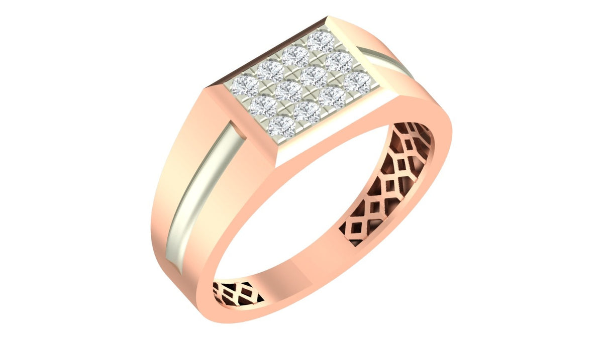 A men's ring featuring a rose gold band with a diamond pavé square bezel setting, shown on a plain white background.