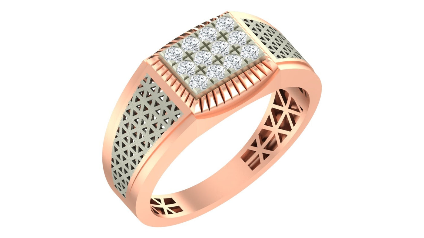 A men's rose gold ring featuring a square diamond cluster, on a white background.