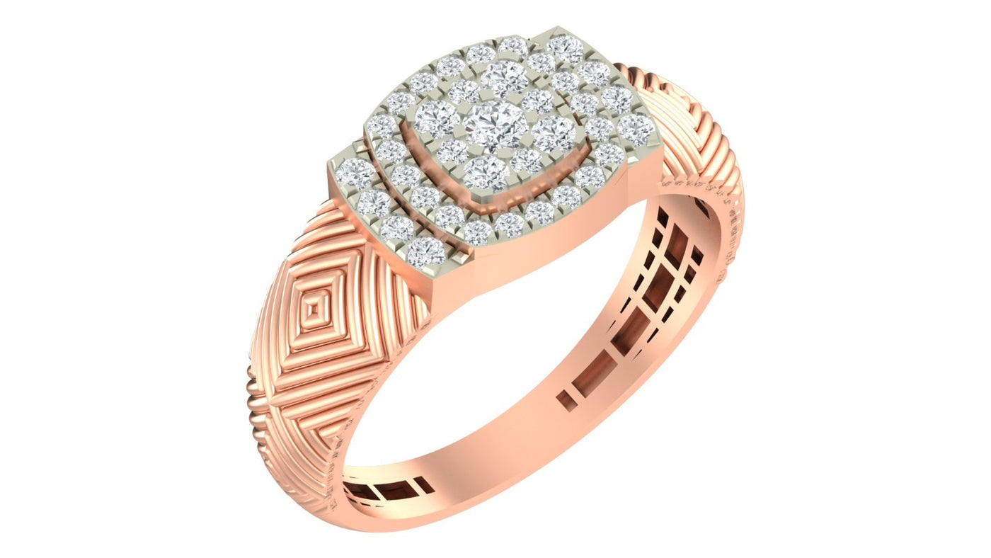 A rose gold ring with a square cushion-cut diamond setting, featuring a textured geometric band, shown on a white background.