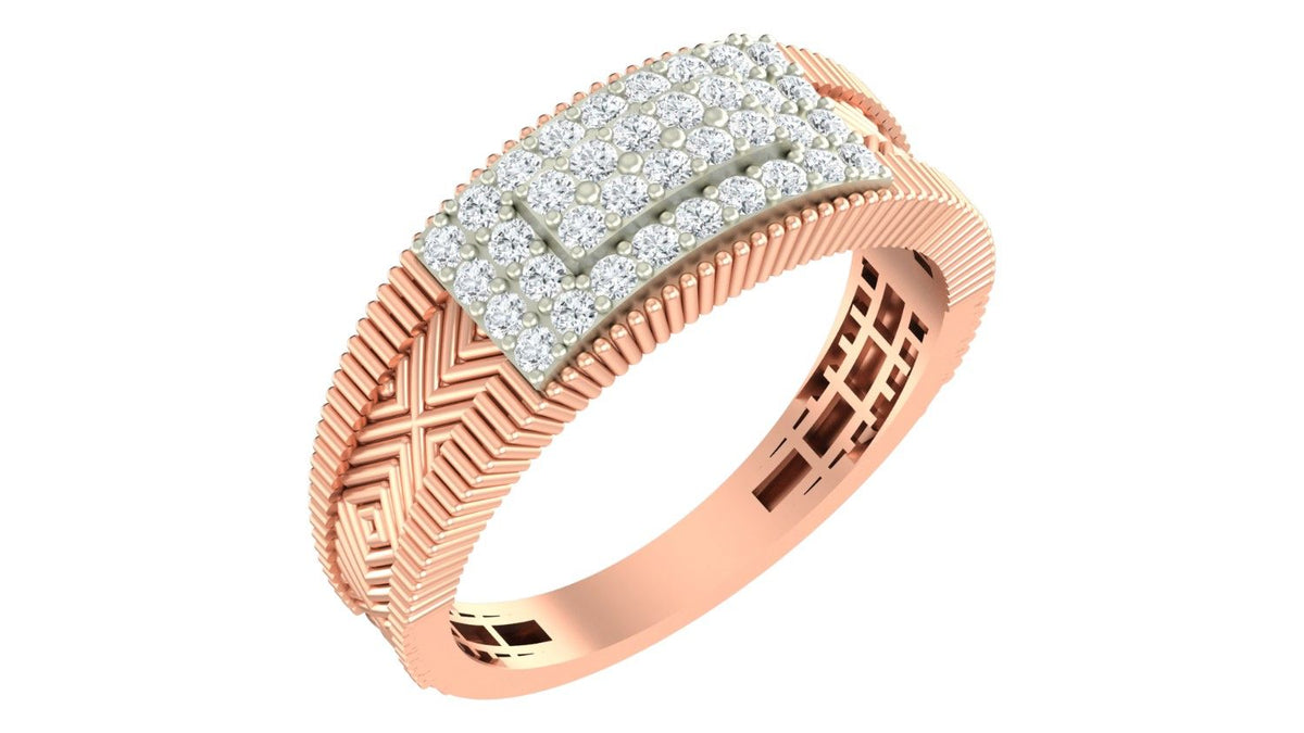 A rose gold ring with a textured geometric band and a rectangular diamond cluster setting, shown on a plain white background.