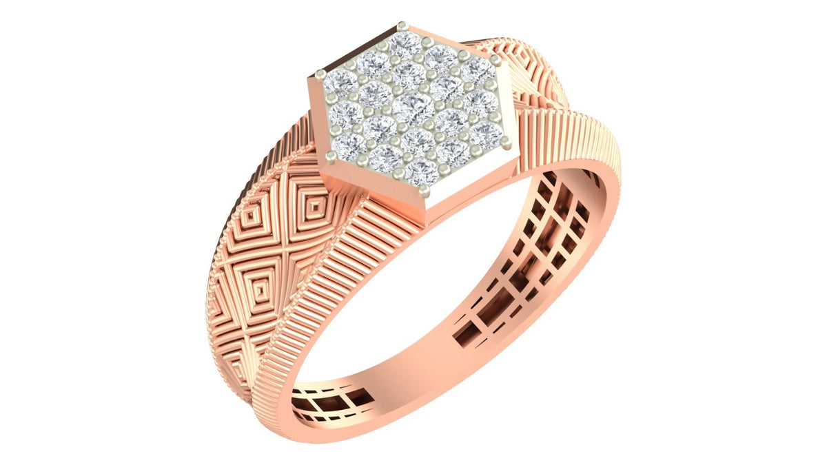 A rose gold ring with a hexagonal diamond cluster setting and geometric patterned bands, shown on a plain white background.