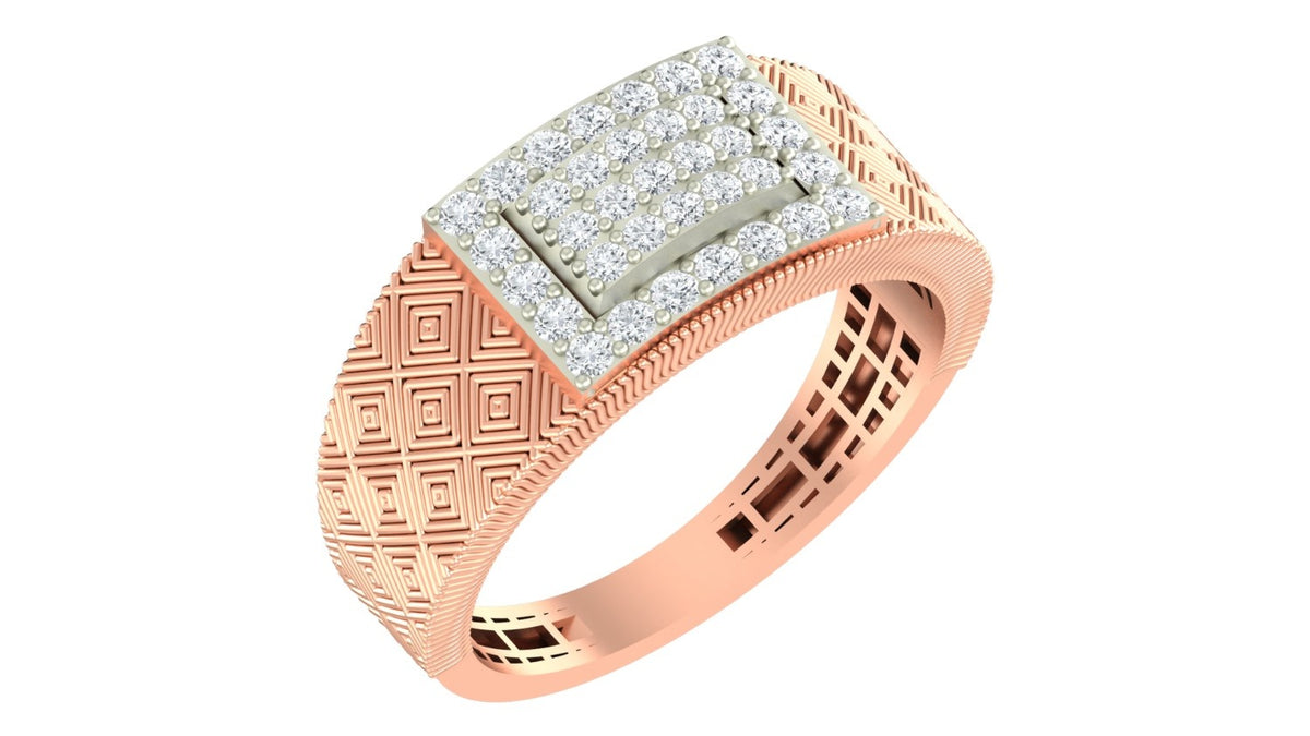 A men's rose gold ring with a textured geometric band and a rectangular pavé diamond setting, shown on a plain white background.