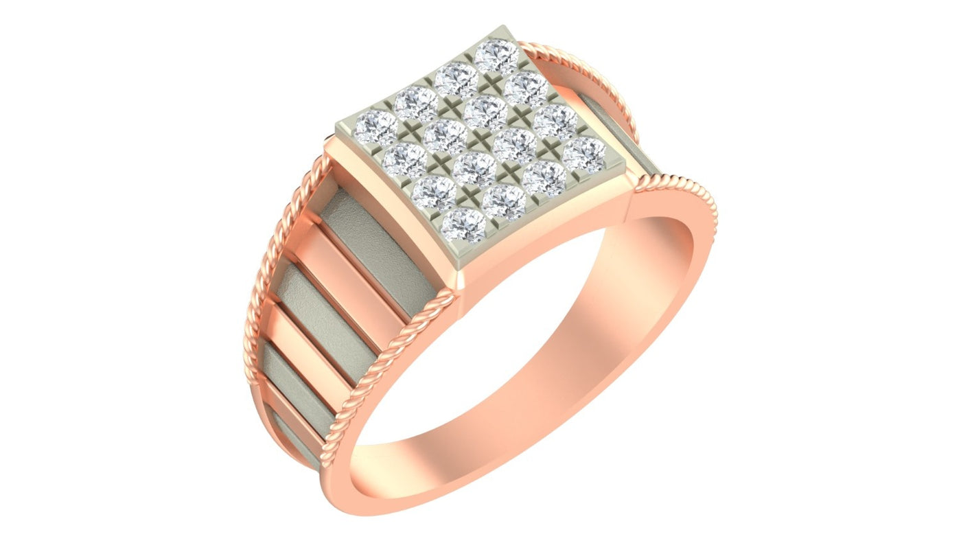 A men's rose gold ring featuring a square diamond cluster setting with a central round diamond, shown on a plain white background.