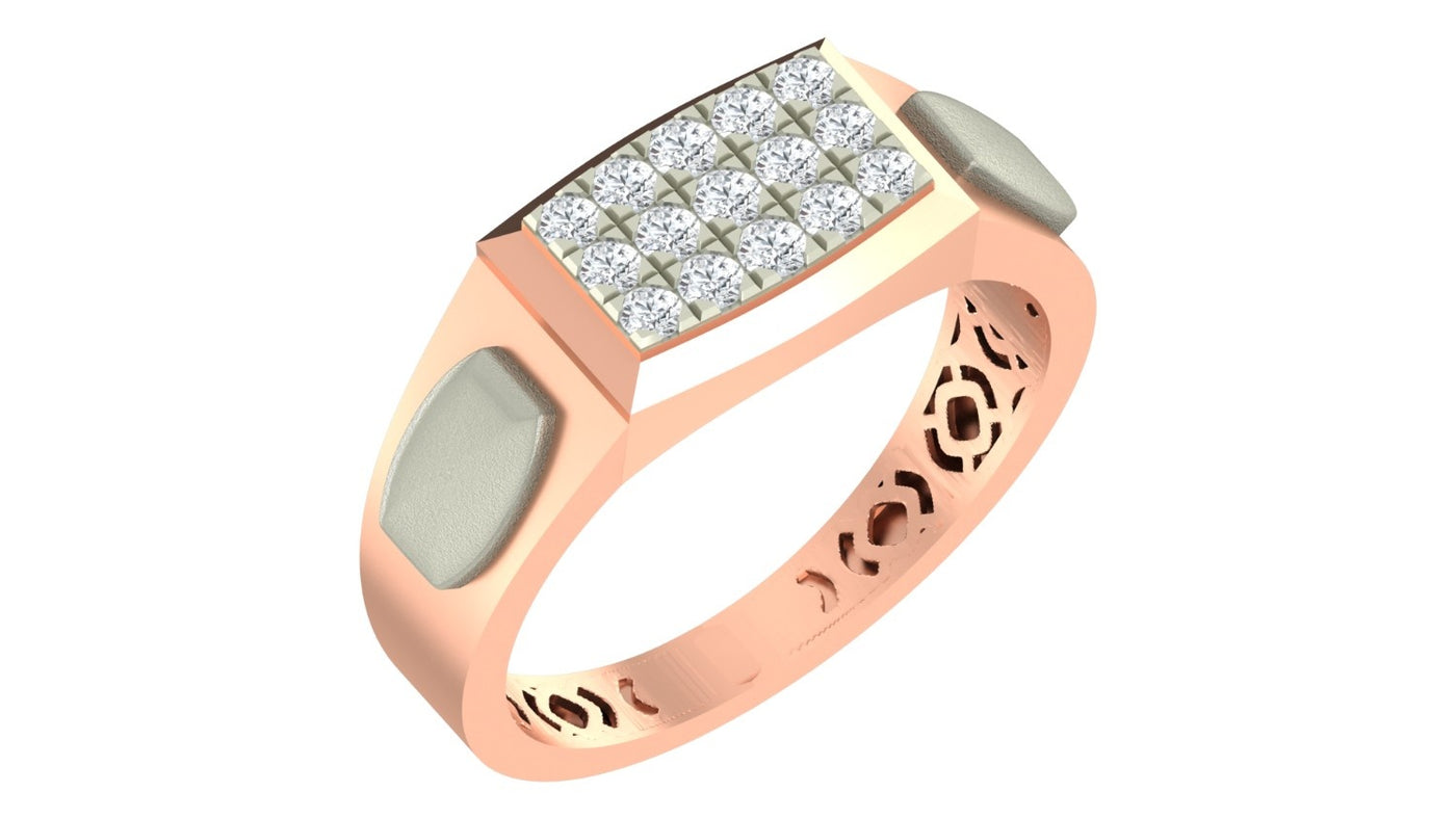 A men's rose gold ring with a rectangular diamond cluster center, shown on a white background.