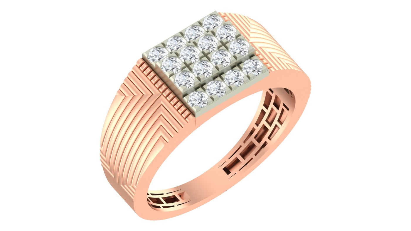 A men's rose gold ring with a square-shaped diamond cluster setting on the face, shown on a plain white background.