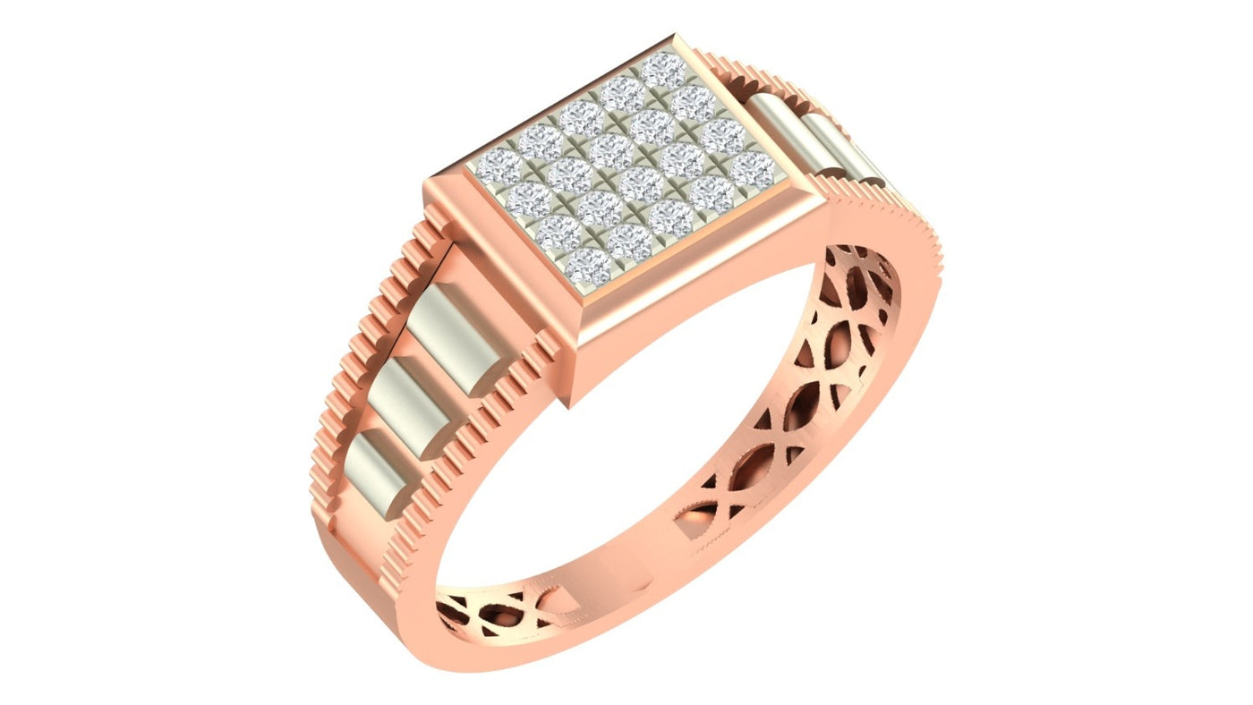 A rose gold ring featuring a rectangular pavé diamond setting, shown on a plain white background.