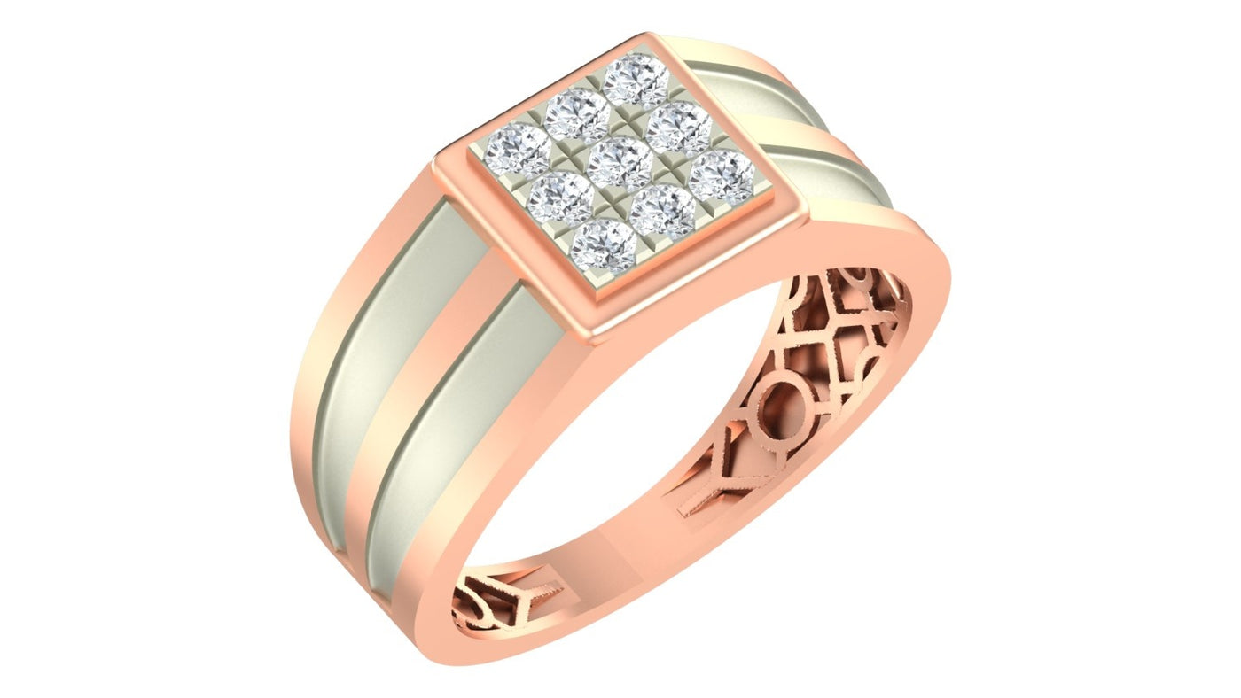 Rose gold and diamond men's ring with texture on a white background.