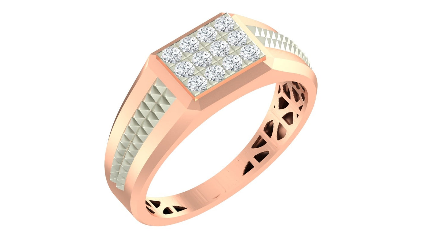 A rose gold ring with a rectangular diamond cluster setting and textured, shown on a plain white background.