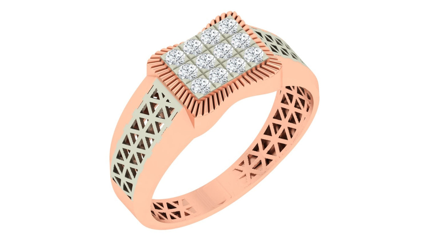 A rose gold ring with a square diamond cluster setting and geometric openwork detailing on the band, shown on a plain white background.