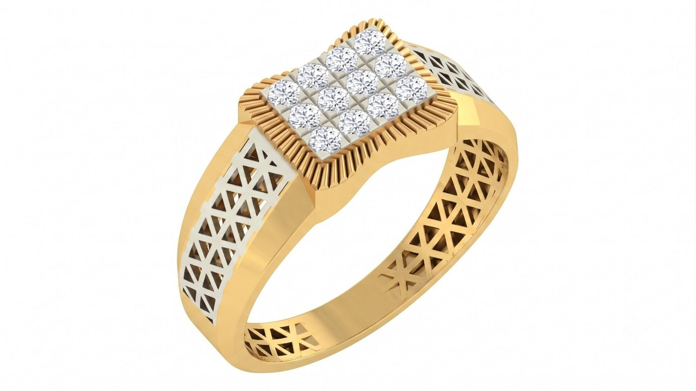 Yellow gold and diamond mens ring on a white background.
