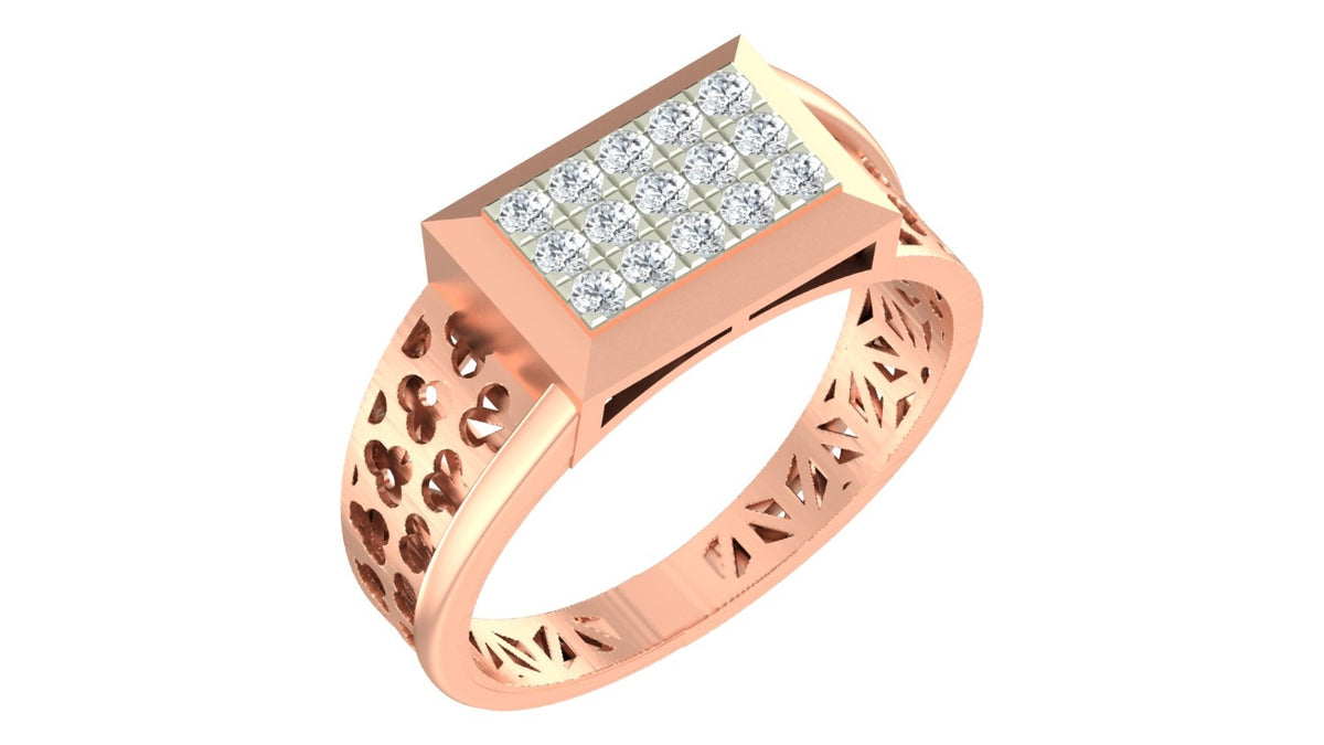 A rose gold ring with a rectangular pavé diamond setting, shown on a plain white background.