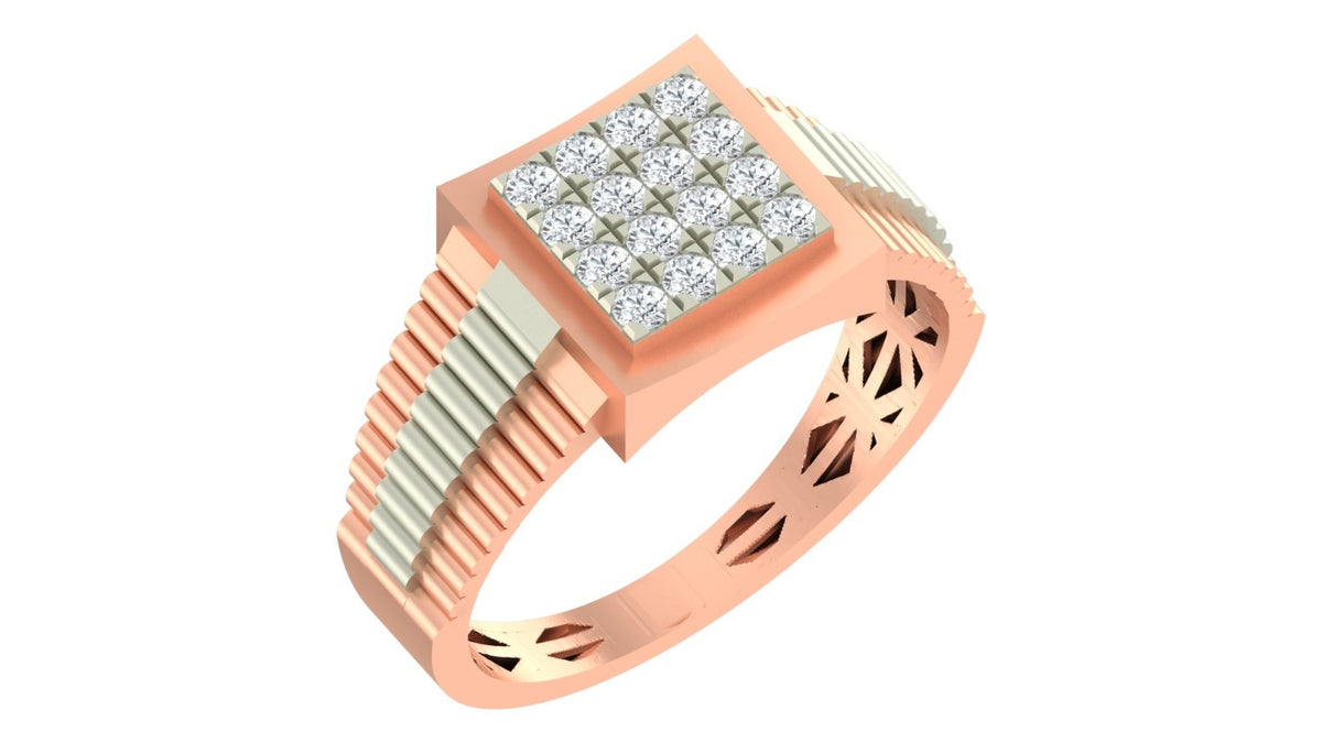 A rose gold ring with a pavé diamond center and geometric detailing on the band, shown on a plain white background.